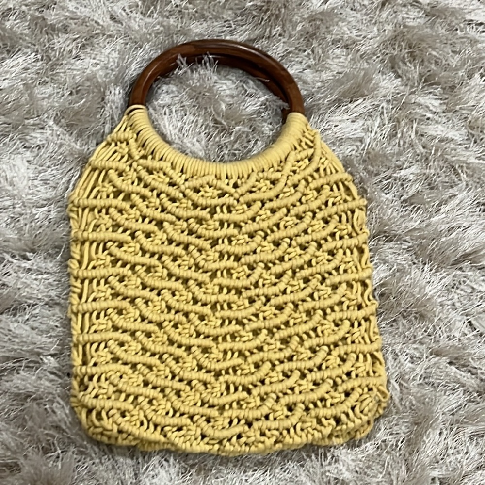 Sigrid Olsen yellow macrame handbag with round brown wooden handles